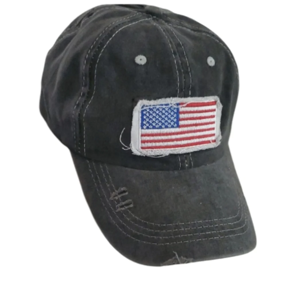 New Ametican Flag Gray Distressed Hat Ball Cap.